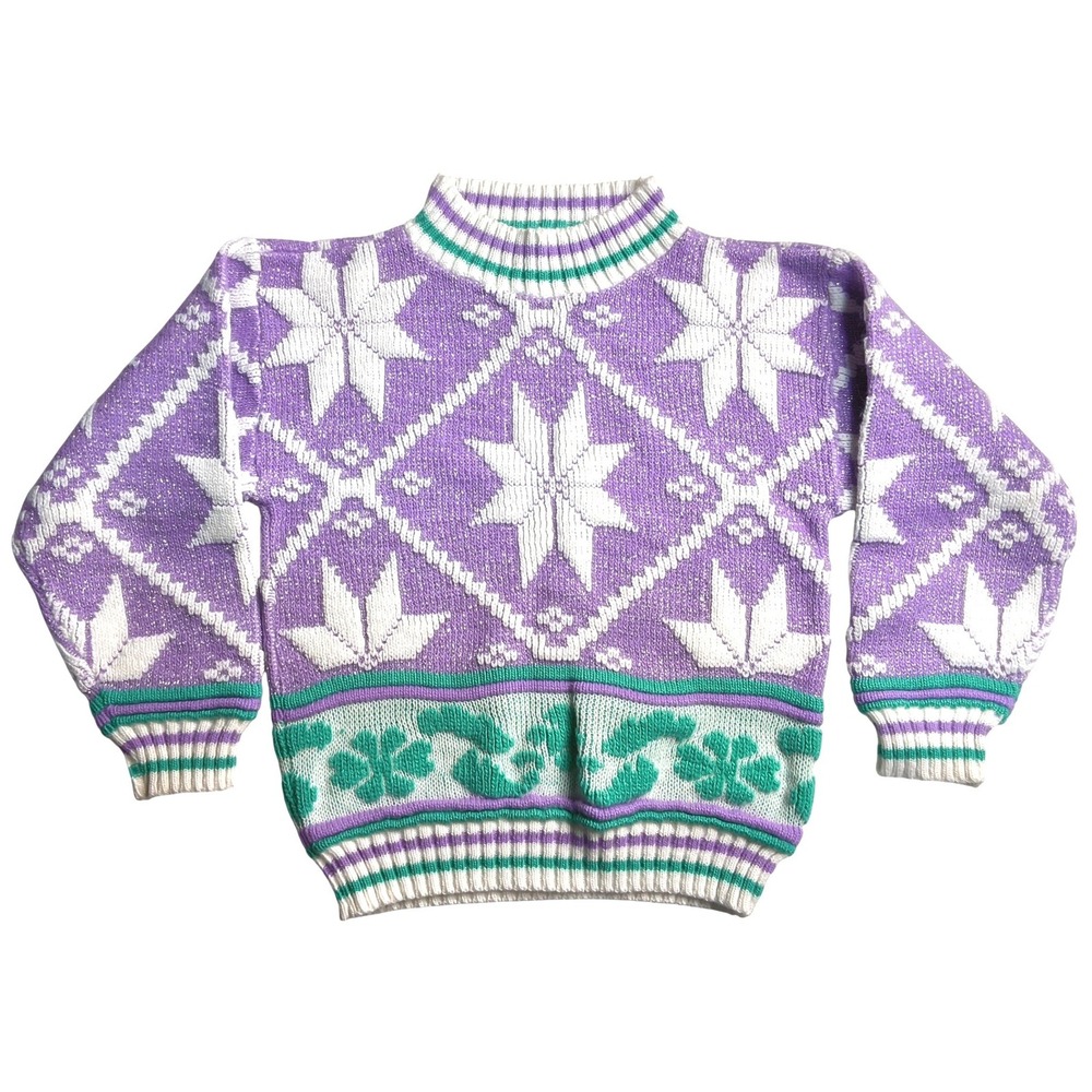Vintage Snowflake Knit Sweater Kids 4 Purple Green White Glitter 90s
